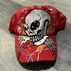 VTG Ed Hardy Trucker Hat Red Skull & Flames Y2K Rhinestones RARE SnapBack Cap